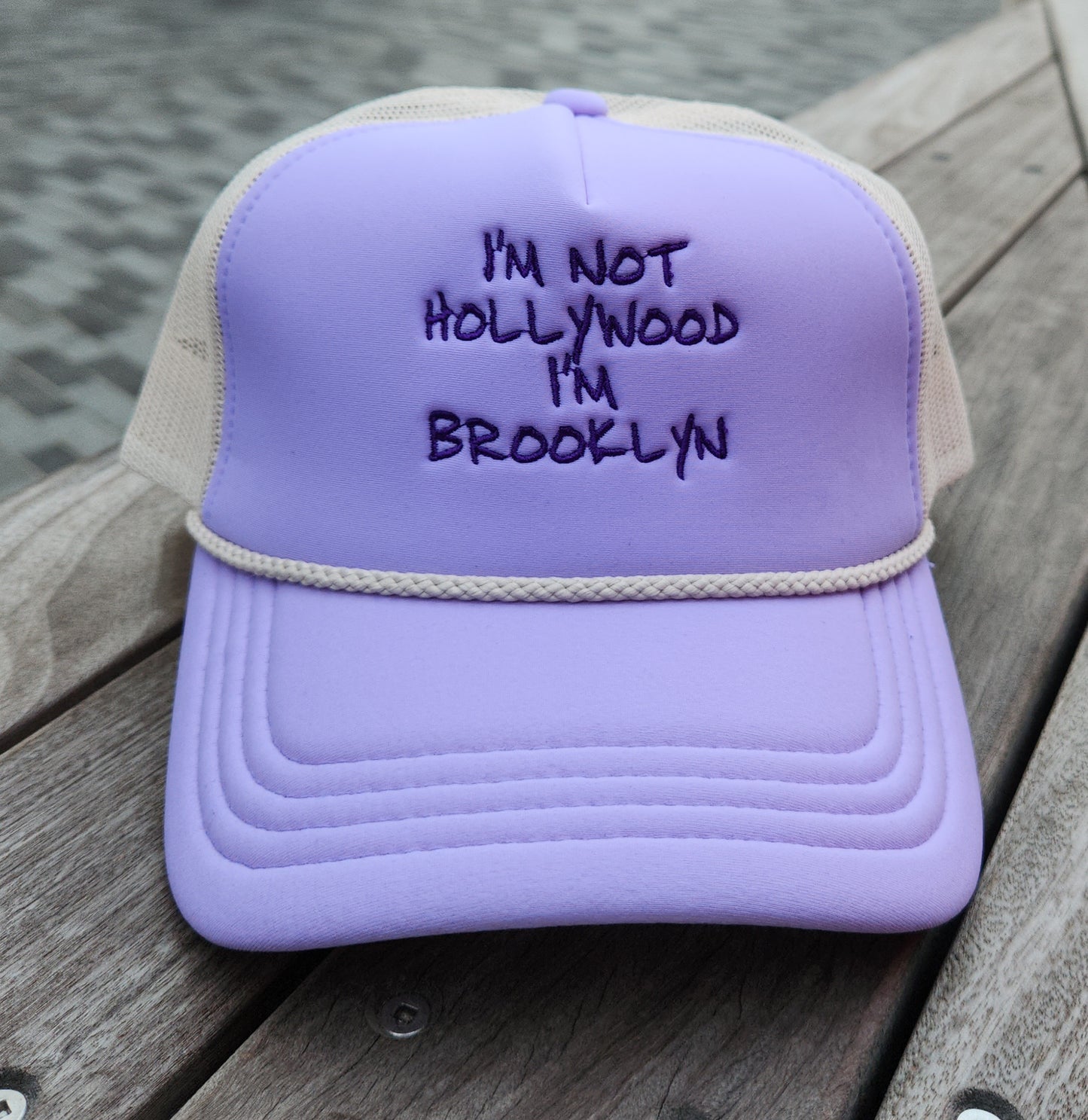 "I'M NOT HOLLYWOOD I'M BROOKLYN" TRUCKER HAT (PURPLE"