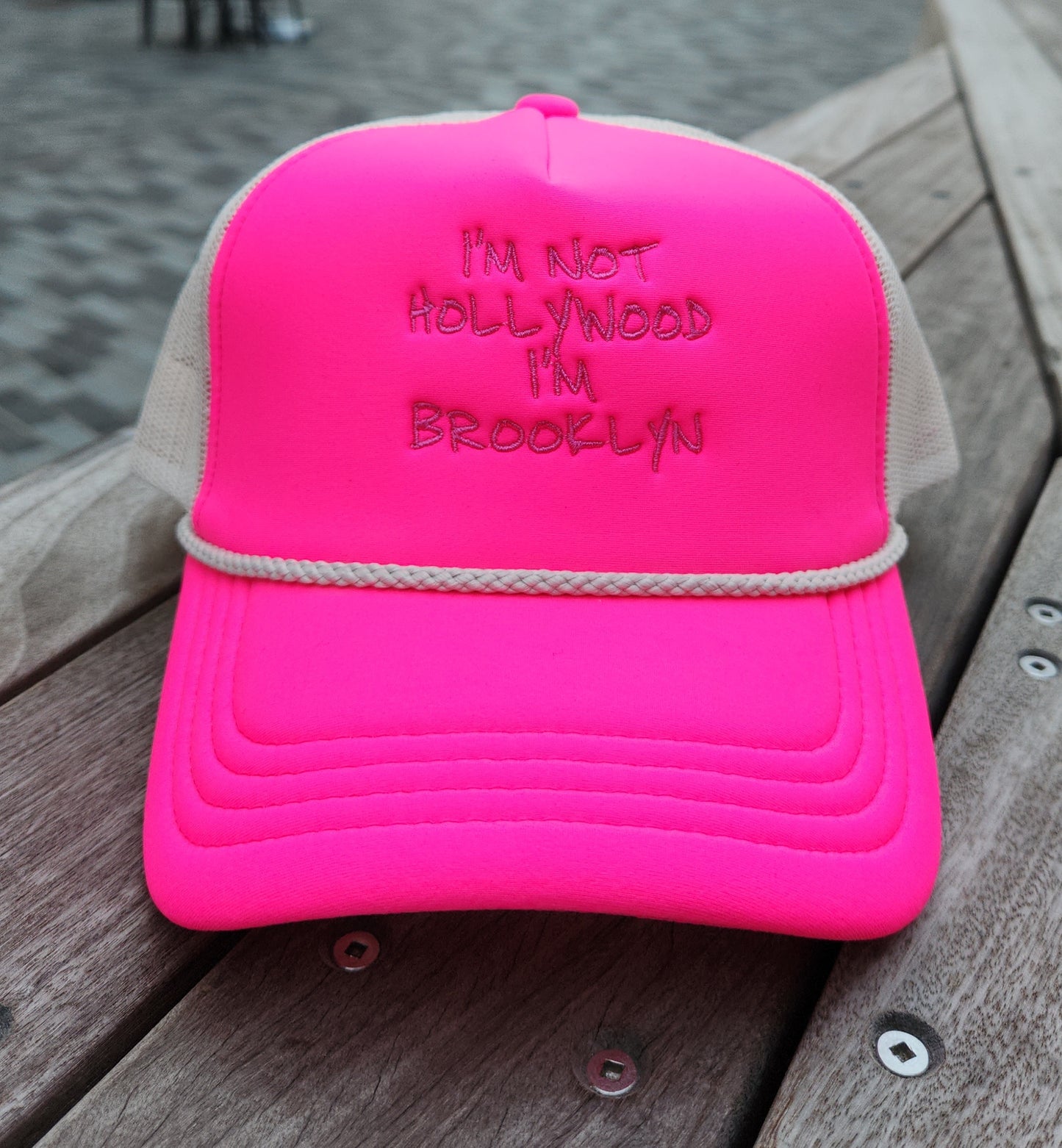 "I'M NOT HOLLYWOOD I'M BROOKLYN" TRUCKER HAT (PINK)