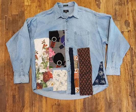 "FLOWER TO THE PEOPLE" One-of-One Upcycled Denim Patchwork Shirt