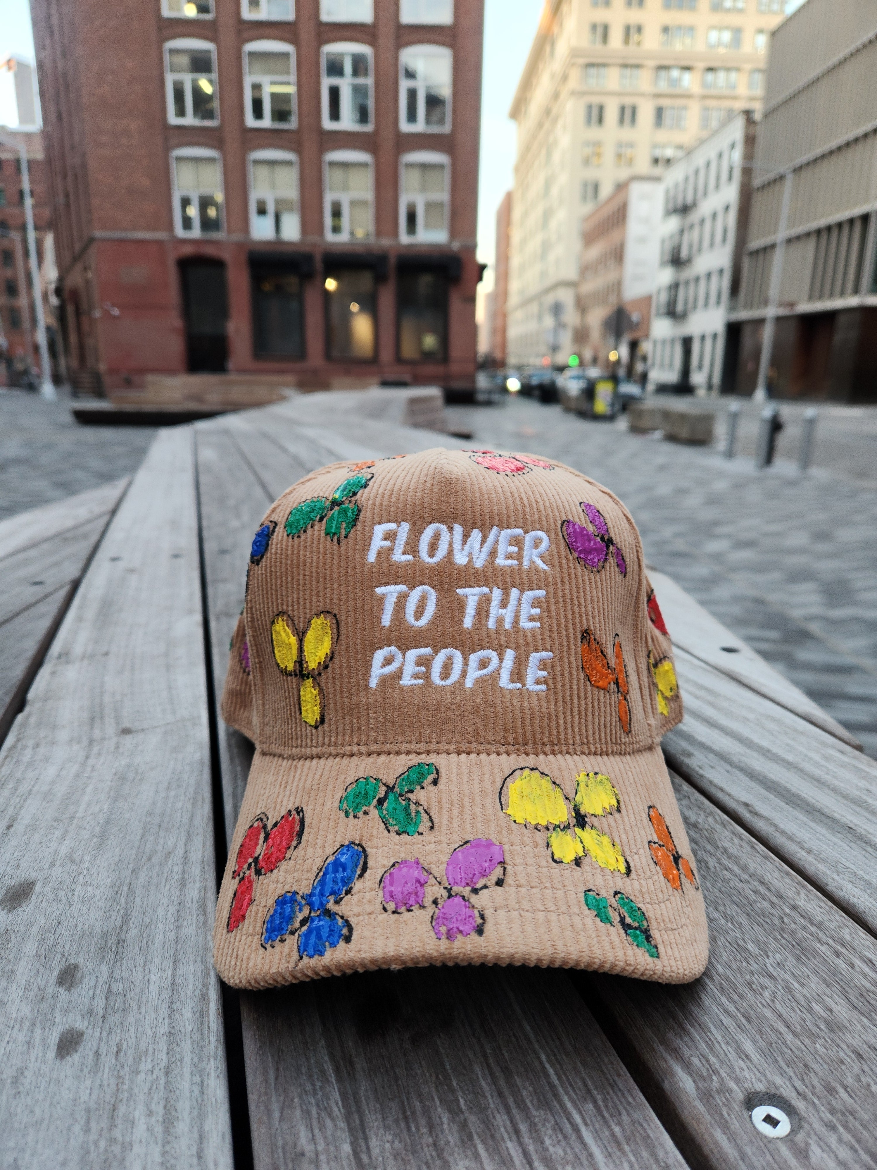 Hand Painted X Embroidered "Flower To The People" Corduroy hat