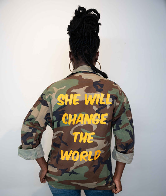 "SHE WILL CHANGE THE WORLD" UPCLYCLED CAMO